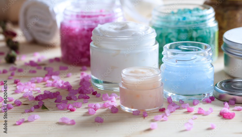 Variety of creams and bath salt - spa concept Variety of creams and bath salt - spa concept