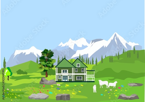 Vector mountains and green alpen valley. Green pretty house, sheeps.