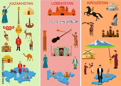 Set of three middle asian countries. Kazakhstan. Uzbekistan. Kyrgyzstan. Symbols of each country. Camel, people in national dress. Historical and, modern building, Mountain , Vector illustration
