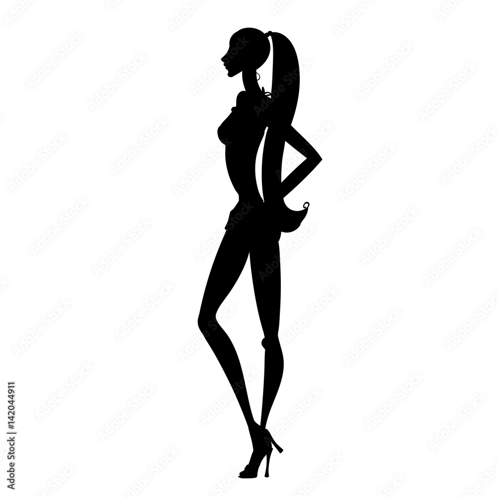 Silhouette of young beautiful girl posing with hand on hip. Vector illustration