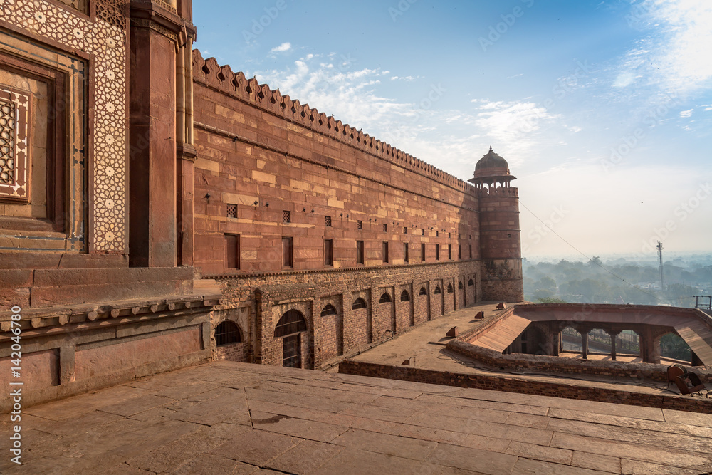 Red sandstone wall of Fatehpur Sikri. Fatehpur Sikri fort and city showcases Mughal architecture in India and designated as UNESCO world heritage site.
