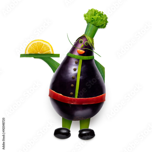 Veggie chef / Creative food concept of a funny cartoon chef made of vegetables on white background.