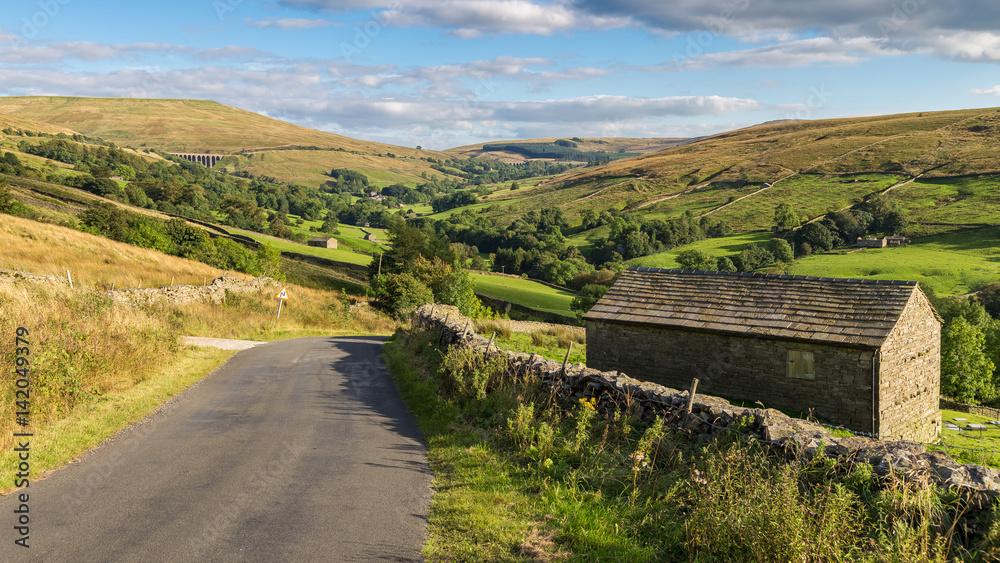 Obraz premium Landscape in the Yorkshire Dales, with Dent Head Viaduct in the background, near Cowgill, Cumbria, UK