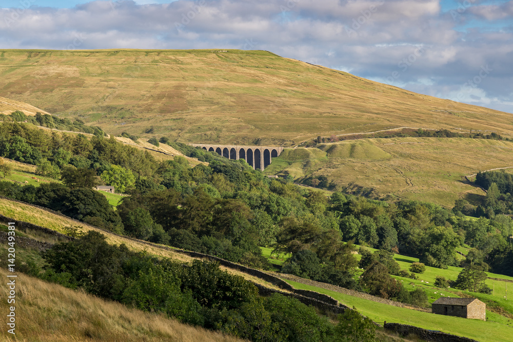 Landscape in the Yorkshire Dales, with Dent Head Viaduct in the background, near Cowgill, Cumbria, UK