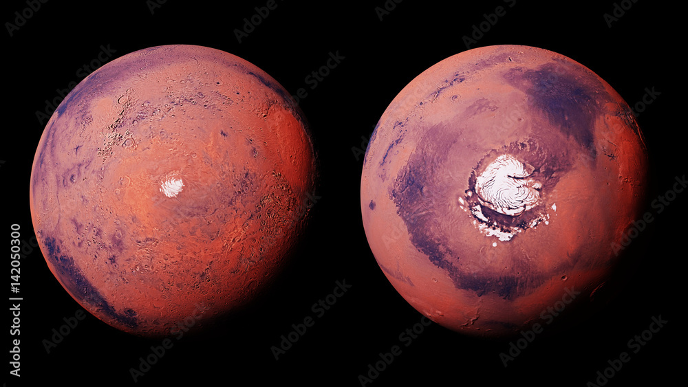 Naklejka premium Mars with the Red Planet's north and south polar ice cap, isolated on white backgroun