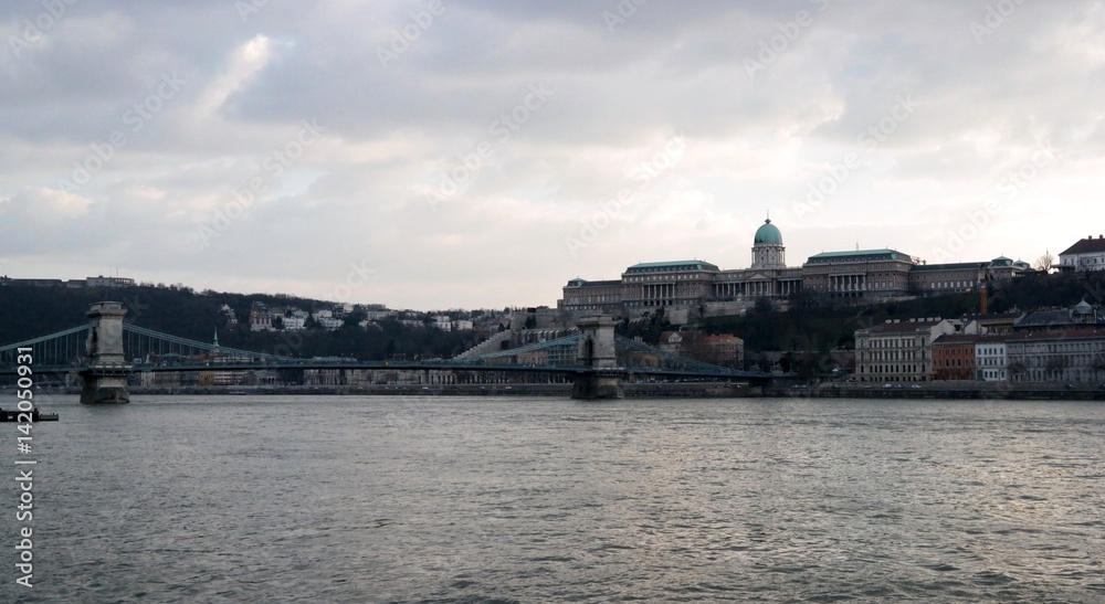View of Buda Castle and Chain Bridge from Danube bank, Budapest