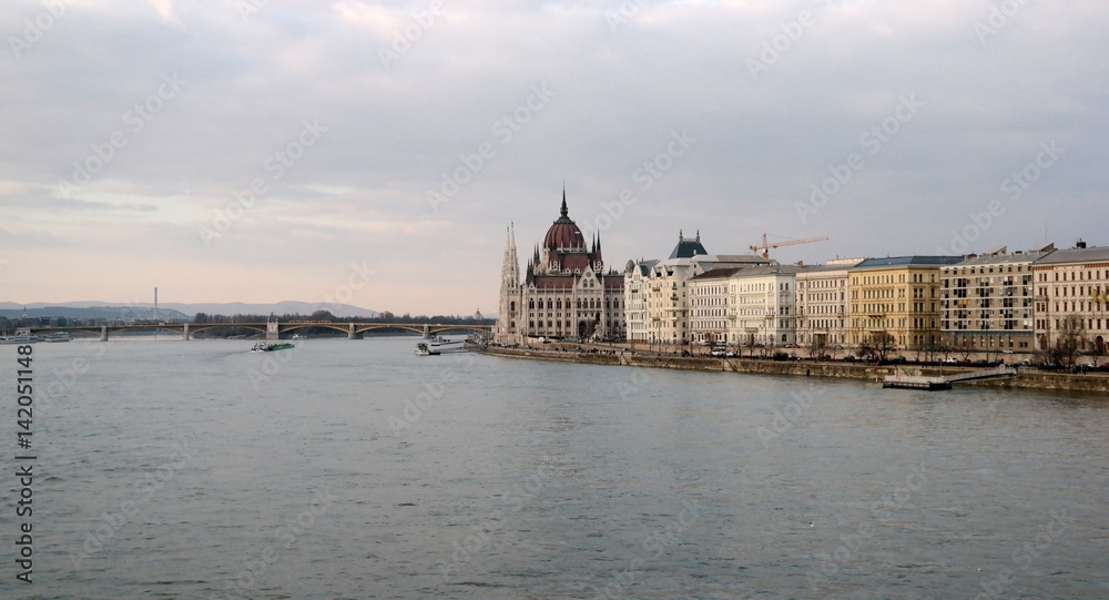 Panorama of Budapest with Parliament building and Danube river
