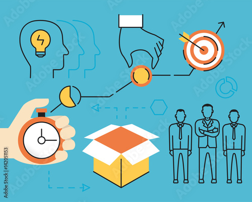 Vector flat linear concept of crowdsourcing process and alternative finance. Infographics of initiation, timeframe, business planning and results