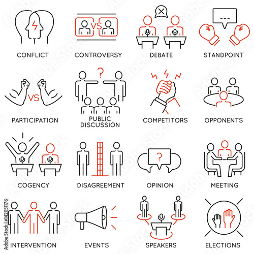 Vector set of 16 thin icons related to  controversy  discussion and competition. Mono line pictograms and infographics design elements