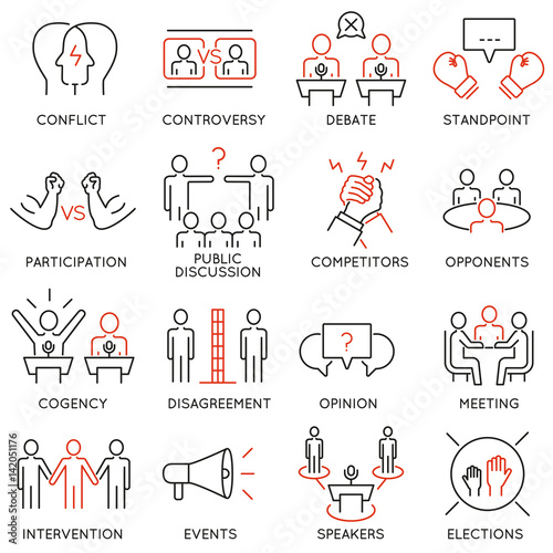 Vector set of 16 thin icons related to  controversy, discussion and competition. Mono line pictograms and infographics design elements
