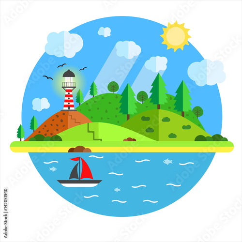 Vacation in the sea with lighthouse, hill, tree, mountain, fish and sailing ship. Summer time holiday voyage concept. Illustration in flat style. Travel background.