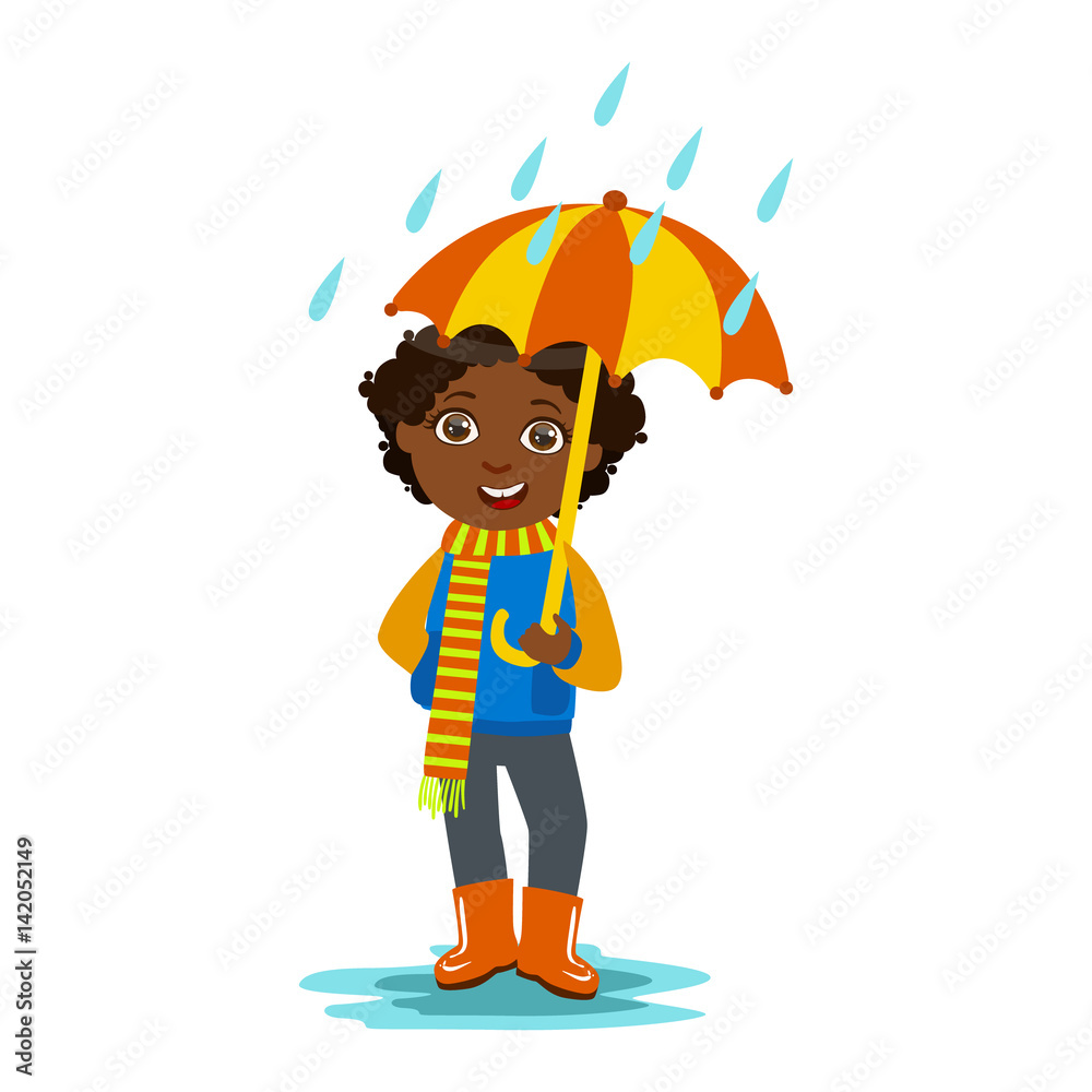 Boy With Open Umbrella Standing Under Raindrops, Kid In Autumn ...