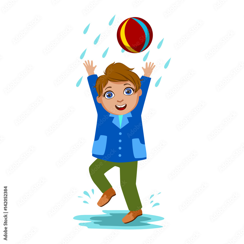 Boy Playing With The Ball, Kid In Autumn Clothes In Fall Season Enjoyingn Rain And Rainy Weather, Splashes And Puddles Boy Playing With The Ball, Kid In Autumn Clothes In Fall Season Enjoyingn Rain And Rainy Weather, Splashes And Puddles