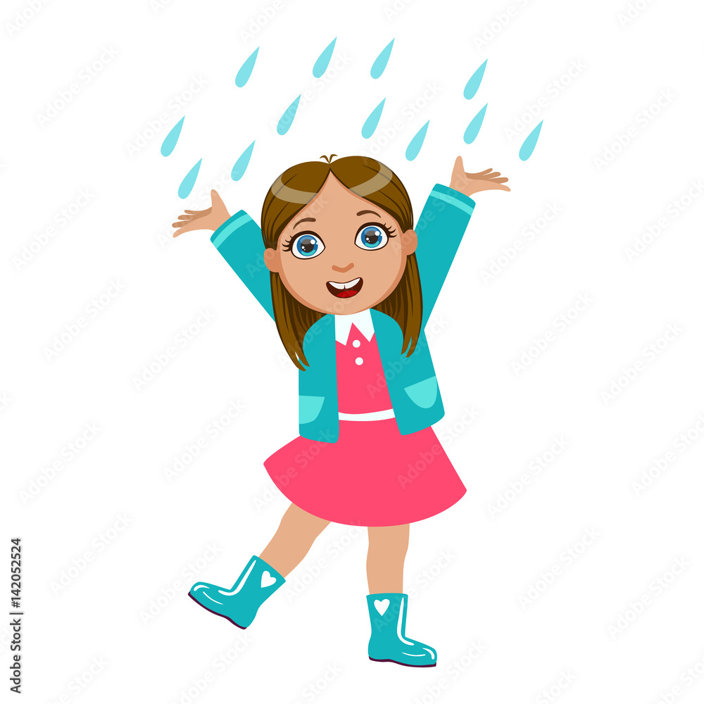 Girl Dancing Under Raindrops, Kid In Autumn Clothes In Fall Season Enjoyingn Rain And Rainy Weather, Splashes And Puddles Girl Dancing Under Raindrops, Kid In Autumn Clothes In Fall Season Enjoyingn Rain And Rainy Weather, Splashes And Puddles