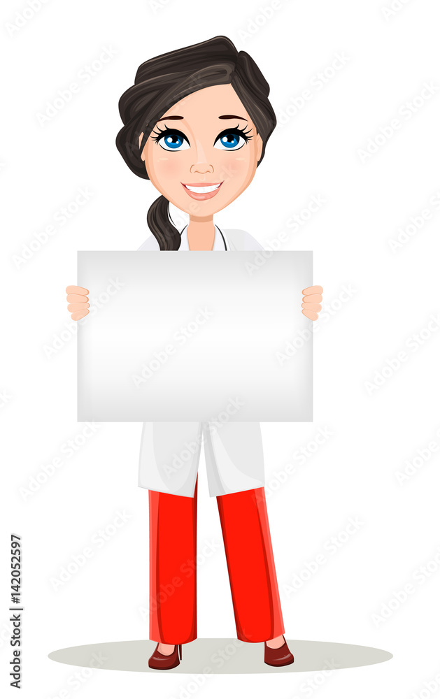 Cute cartoon smiling doctor character in medical gown holding blank banner advertising something. Doctor woman with stethoscope. Vector illustration. EPS10 Cute cartoon smiling doctor character in medical gown holding blank banner advertising something. Doctor woman with stethoscope. Vector illustration. EPS10