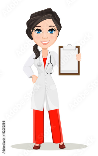 Doctor woman with stethoscope. Cute cartoon smiling doctor character in medical gown holding blank clipboard. Vector illustration. EPS10