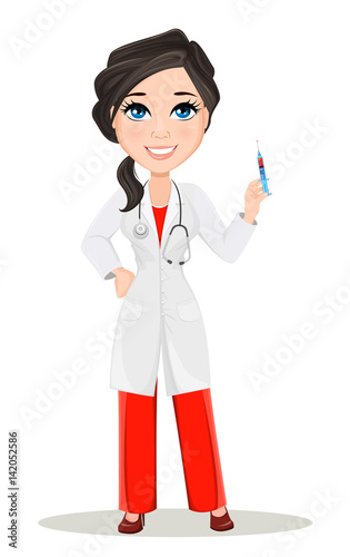 Doctor woman with stethoscope. Cute cartoon smiling doctor character in medical gown holding syringe with vaccine. Vector illustration. EPS10