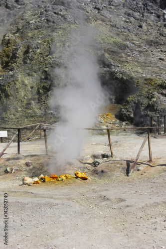 The Solfatara is a shallow volcanic crater with steam with sulfurous fumes, Pozzuoli, Naples, Italy