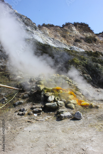 The Solfatara is a shallow volcanic crater with steam with sulfurous fumes, Pozzuoli, Naples, Italy