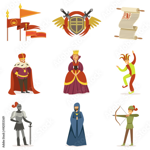 Medieval Cartoon Characters And European Middle Ages Historic Period Attributes Collection Of Icons