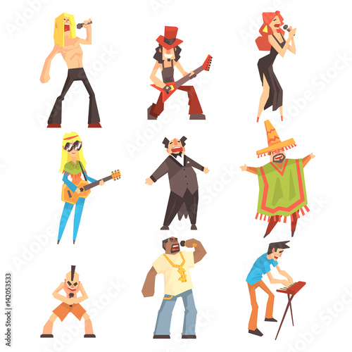 Musicians And Singers Of Different Music Styles Performing On Stage In Concert Set Of Cartoon Characters