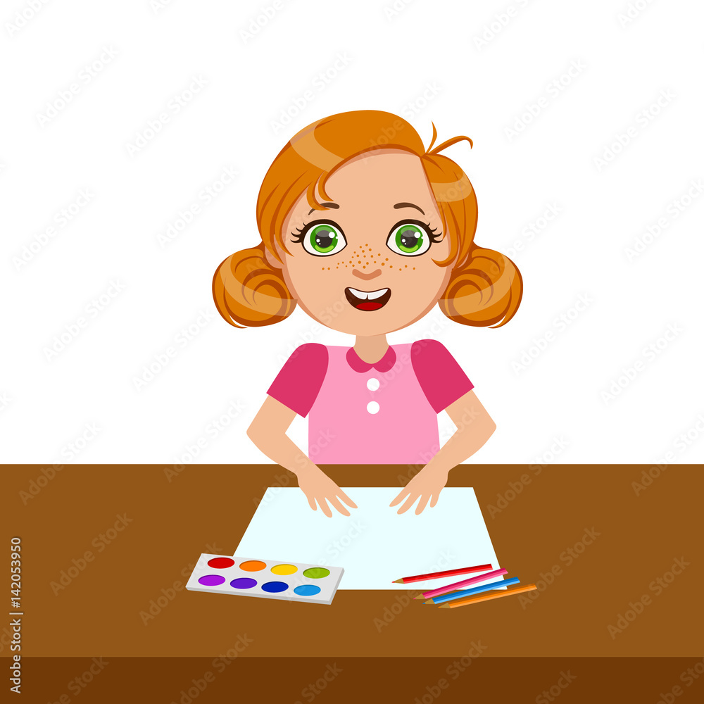 Girl With Paper, Paint And Brush, Elementary School Art Class Vector Illustration Girl With Paper, Paint And Brush, Elementary School Art Class Vector Illustration