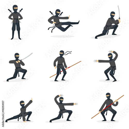 Japanese Ninja Assassin In Full Black Costume Performing Ninjitsu Martial Arts Postures With Different Weapons Series Of Illustrations.
