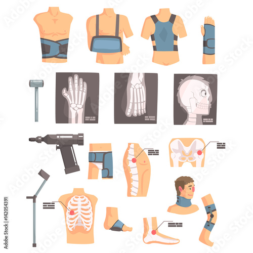 Orthopedic Surgery And Orthopaedics Attributes And Tools Set Of Cartoon Icons With Bandages, X-rays And Other Medical Objects.