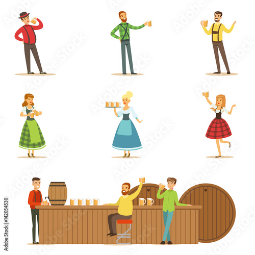 Oktoberfest Beer Festival Scenes With People In Bavarian Traditional Costumes Drinking Beer And Having Fun Set