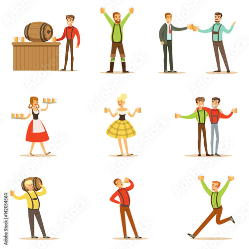 Oktoberfest Beer Festival Scenes With People In Bavarian Traditional Costumes Drinking Beer And Having Fun Series