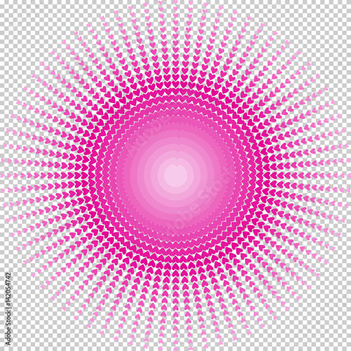 Abstract pink heart of hearts rays vector. Small blending pink and red hearts in sunburst design in transparent background.