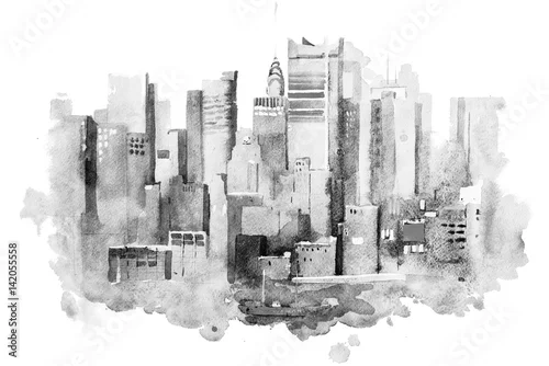 Obraz akwarela rysunek gród Nowy Jork, USA. Obraz akwareli na Manhattanie