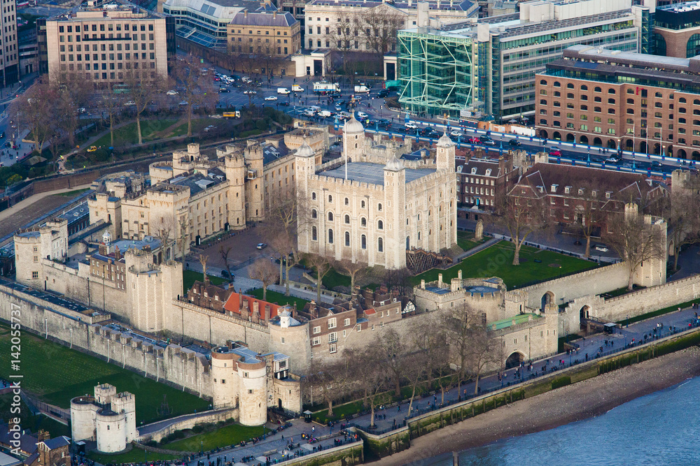 aerial view of the Tower of London at evening, United Kingdom