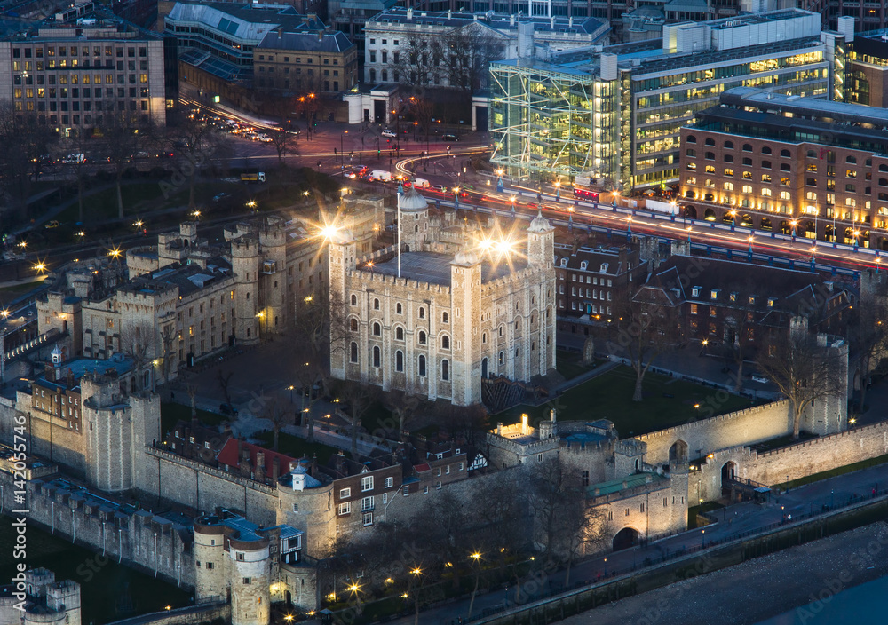 aerial view of the Tower of London at night, United Kingdom