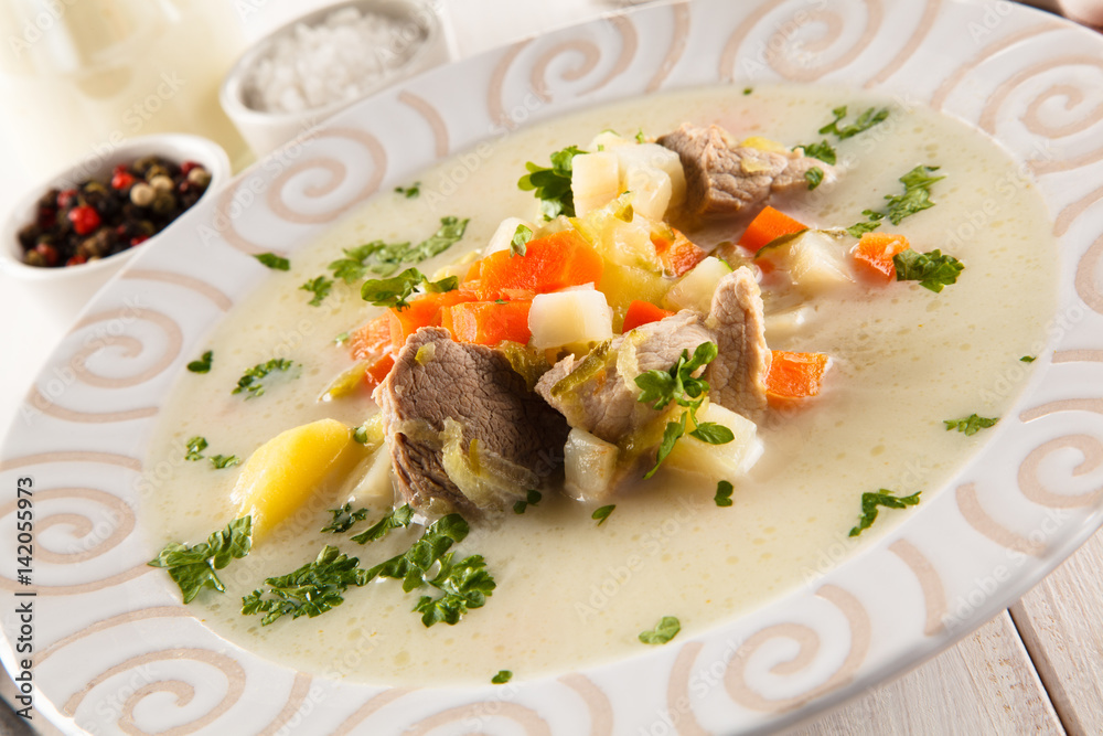 White soup - borscht with meat and vegetables White soup - borscht with meat and vegetables