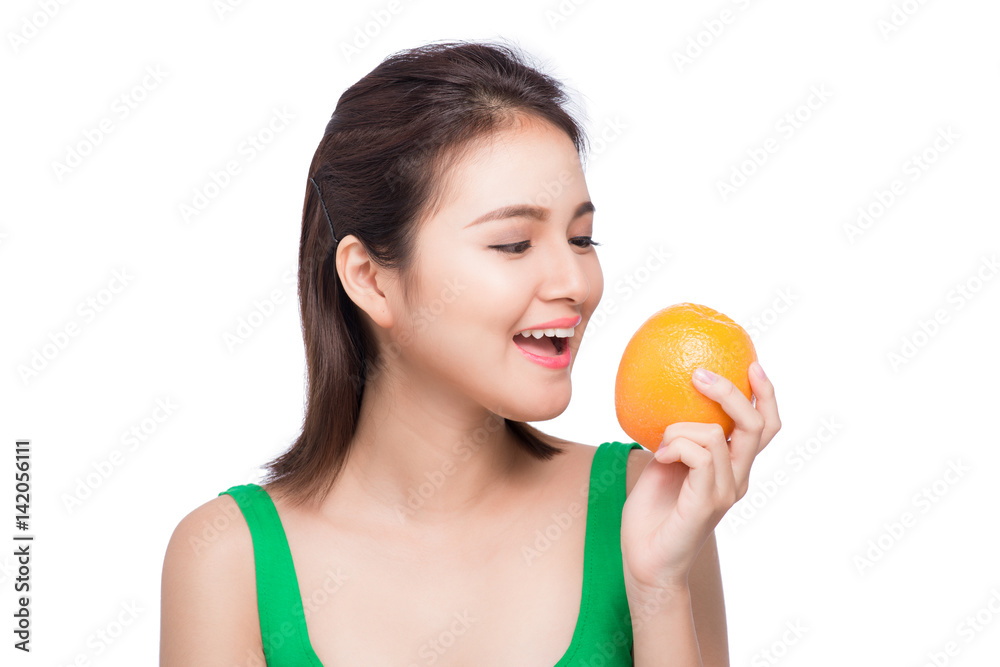 Beauty Model Girl Holding Orange Slices and laughing, emotions on white. Beauty Model Girl Holding Orange Slices and laughing, emotions on white.