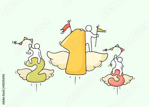 Sketch of working little people with flying numbers.