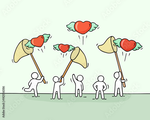 Sketch of little people with flying hearts.