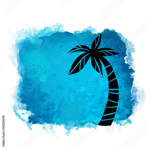 Watercolor blue background and palm tree