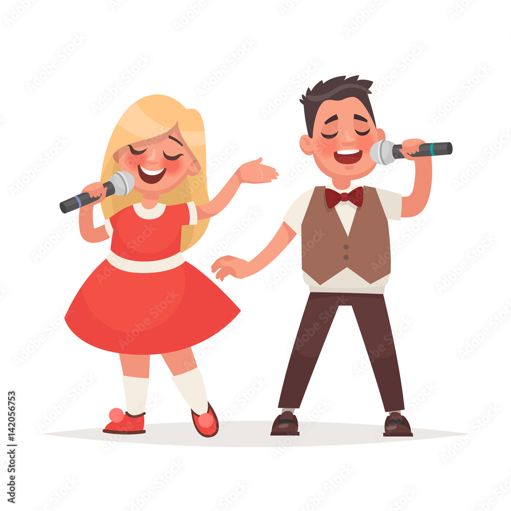 Boy and a girl sing a song into a microphone. Children's musical duo. Vector illustration in cartoon style Boy and a girl sing a song into a microphone. Children's musical duo. Vector illustration in cartoon style