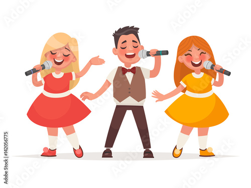 Children's musical trio. A boy and a girls are singing a song on a white background