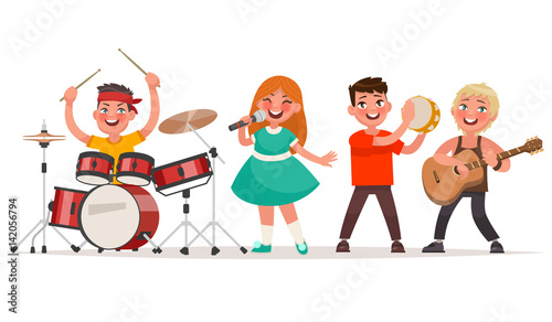 Musical children's band on a white background. Singer and musicians