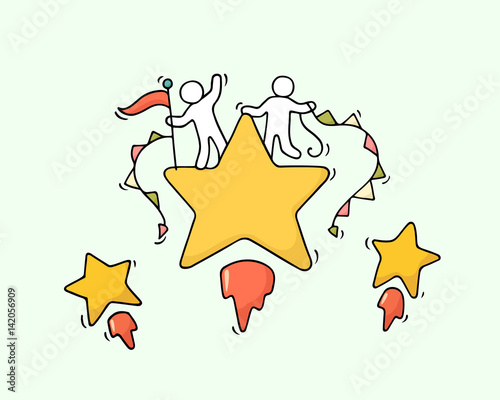 Sketch of working little people with flying stars.