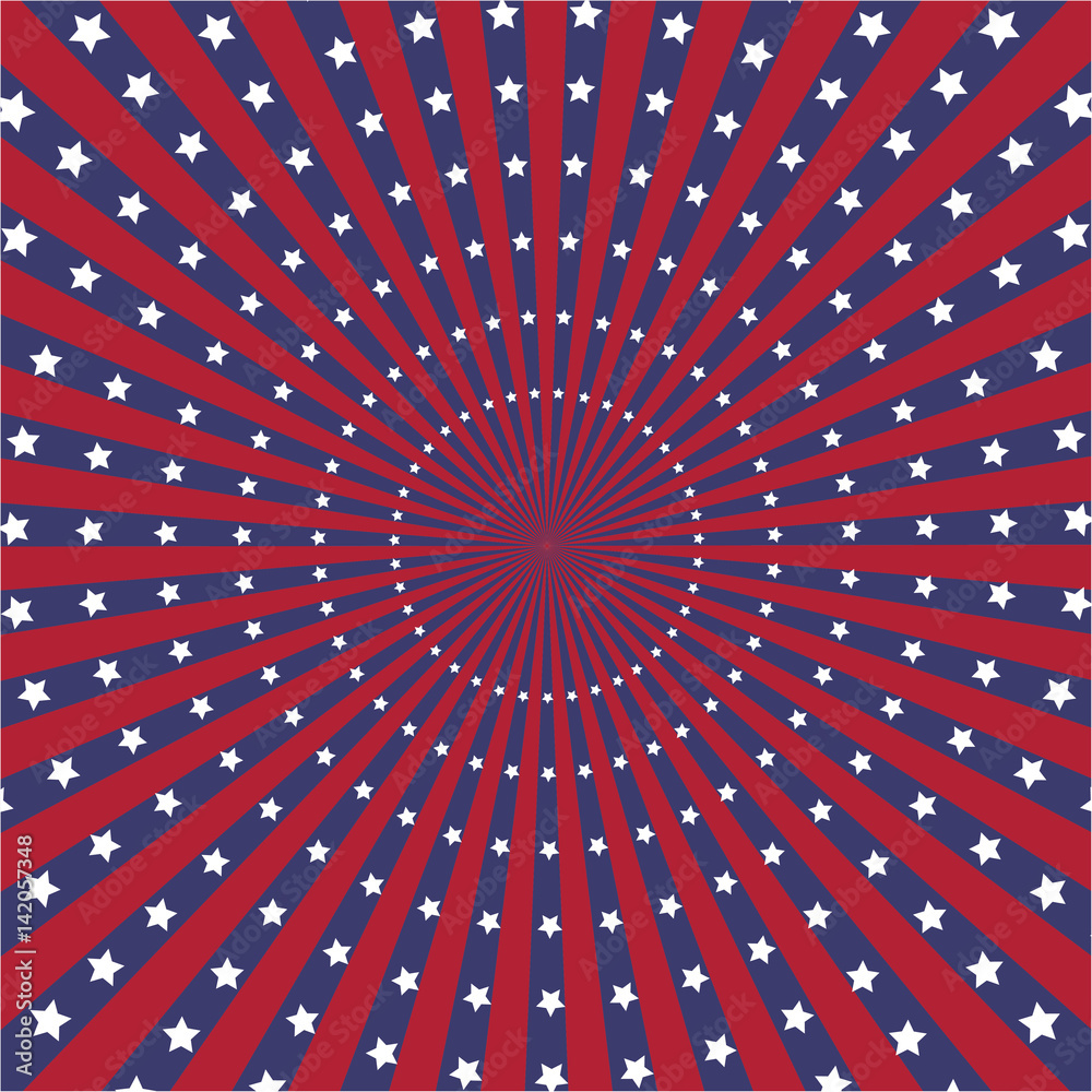 American Flag color sunburst vector background with white stars.