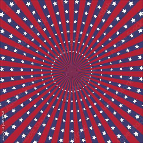 American Flag color sunburst vector background with white stars.
