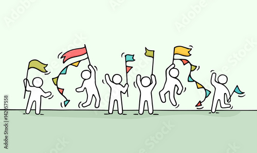 miniature scene of workers with flags.