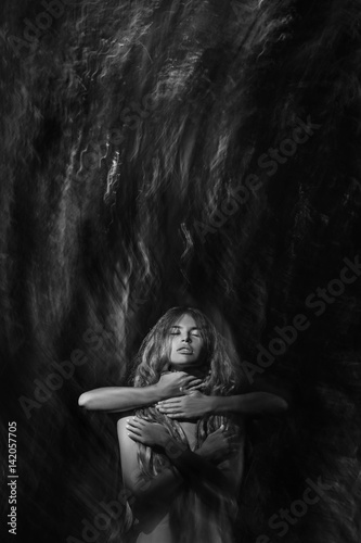 girl in forest with hands on her neck. nightmares concept. © zolotareva_elina