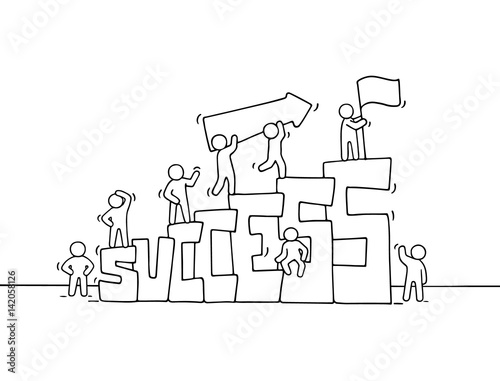 Cartoon working little people with word Success.