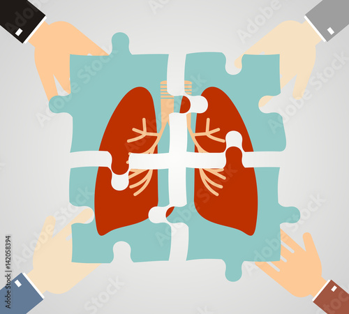 Hands putting human lungs puzzle pieces together. pulmonology and medicine concept. Flat design