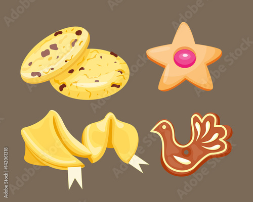 Different cookie homemade breakfast bake cakes isolated and tasty snack biscuit pastry delicious sweet dessert bakery eating vector illustration.